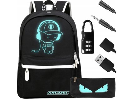 Svítící batoh Unisex s USB, penál, zámek, 19l, černý, Kruzzel 19374 – 24365.cz