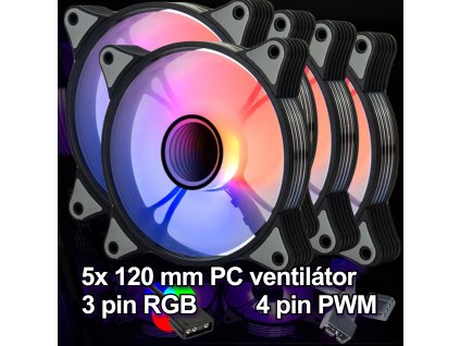 5x RGB PC větráček ventilátor 120mm 5V 3 pin aRGB, PWM 4pin, 120 × 25 mmm, Ventilátor s LED osvětlením, Plně nastavitelné 5V 3 pin RGB, 800 1600 (±20%) RPM, 180g, Hydro Bearing, 28 dBA, 74 CFM, až 5 W příkon1
