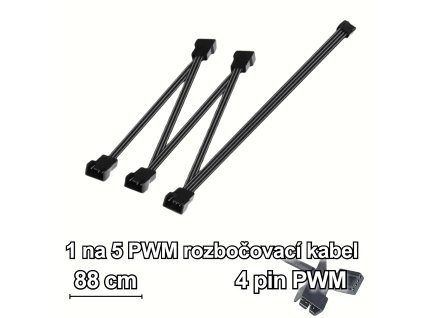 PWM fan splitter, rozdvojovací:rozbočovací kabel určený pro připojení PWM větráčků PC, Černý PWM napájecí kabel 1 na 5, 1 na 4, 1 na 3, 1 na 2 délka 88 cm, male konektor 1× 4 pin pro konektor ventilátoru FAN 11
