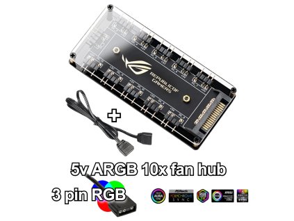 Rozbočovač ventilátoru, PC větráčků 5V 3 pin aRGB HUB napájený pomocí SATA konektoru, Podpora pro ASUS, MSI, GIGABYTE, ASRock základní desky 3 pin RGB hub pro Asus AURA Sync, GIGABYTE RGB Fusion 2.0, Mystic Light1