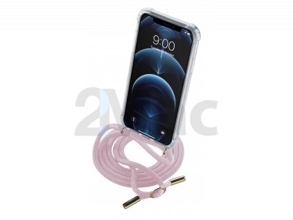 Transparentní zadní kryt Cellularline Neck-Case s růžovou šňůrkou na krk pro Apple iPhone 12 PRO