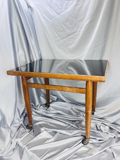 1970s Opaxite Glass Oak Side Table on Wheels, Czechoslovakia