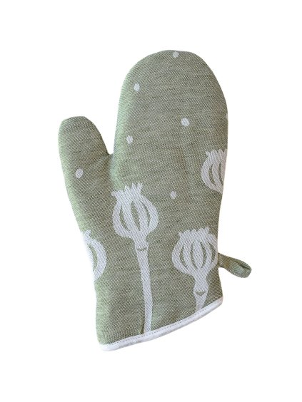 Close-up of the Poppy pattern on a linen kitchen glove