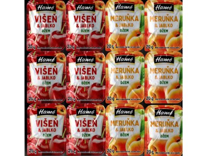 Džem Višeň a jablko 6x20g a Meruňka a jablko 6x20g