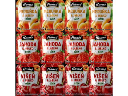 Džem Meruňka a jablko 4x20g a Jahoda a jablko 4x20g a Višeň a jablko 4x20g