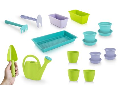 sada zahradní dětská 14díl.(truhlíky,květináče,konvička,nářadí) PH