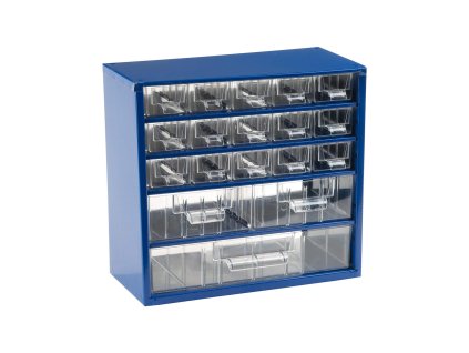 skříňka 3 velikosti 15 mal.,2 stř.,1 vel.zásuvka 30,5x28x15,5cm kov.MO