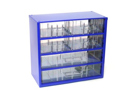 skříňka 2 velikosti 4 stř.,2 vel.zásuvky 30,5x28x15,5cm kov.MO