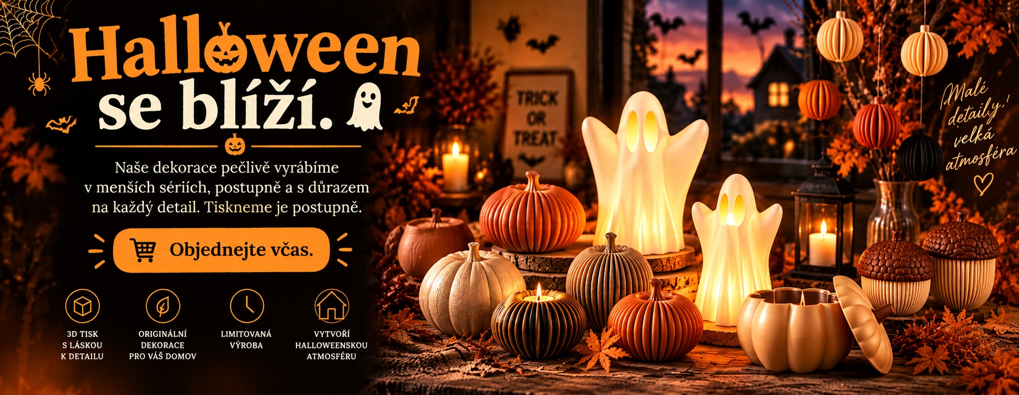 Halloweenské 3D dekorace 3Deko.cz – svítící duchové, designové dýně a podzimní ozdoby pro originální výzdobu domova.