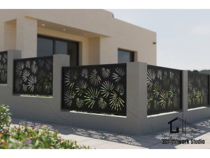 Kovová plotová výplň vzor Palmové listy (barva Komaxit: černá, polomat)