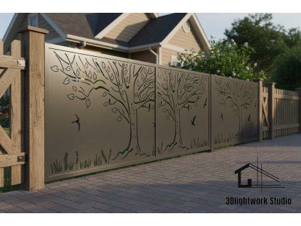 Kovová plotová výplň vzor Strom a ptáci (barva Komaxit: antracit RAL7016)