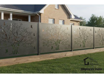 Kovová plotová výplň vzor Strom a ptáci 2 (barva Komaxit: antracit RAL7016, polomat)