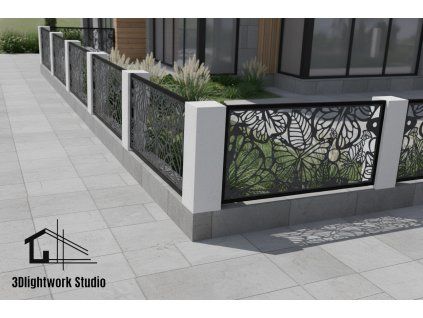 Kovová plotová výplň vzor Motýli a listy (rám černý, výplň antracit RAL7015)