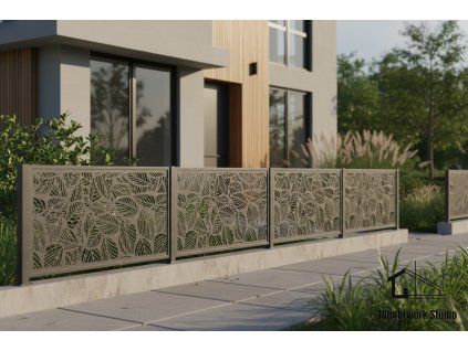 Kovová plotová výplň vzor Listy 12 (barva Komaxit: Antracit RAL7016, polomat.)
