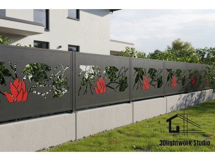 Kovová plotová výplň vzor Květina 3D antracit + červený květ