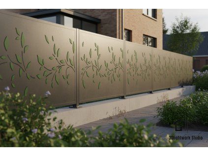 Kovová plotová výplň vzor Abstrakt antracit + zelené listy