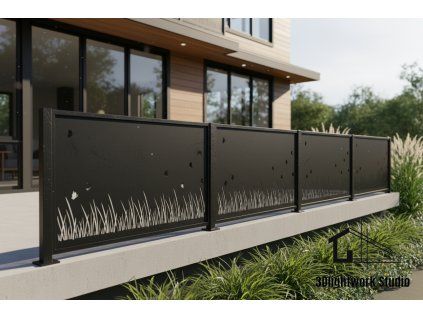 Kovová plotová výplň vzor Motýli a tráva ( Komaxit: černá, polomat)