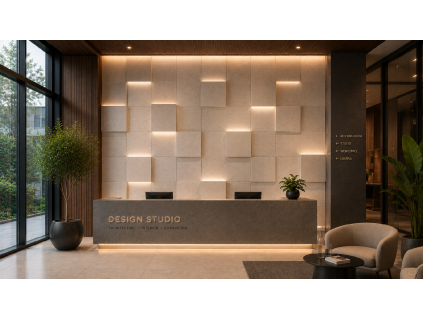 3DP light panely světlý beton interiér recepce designového studia