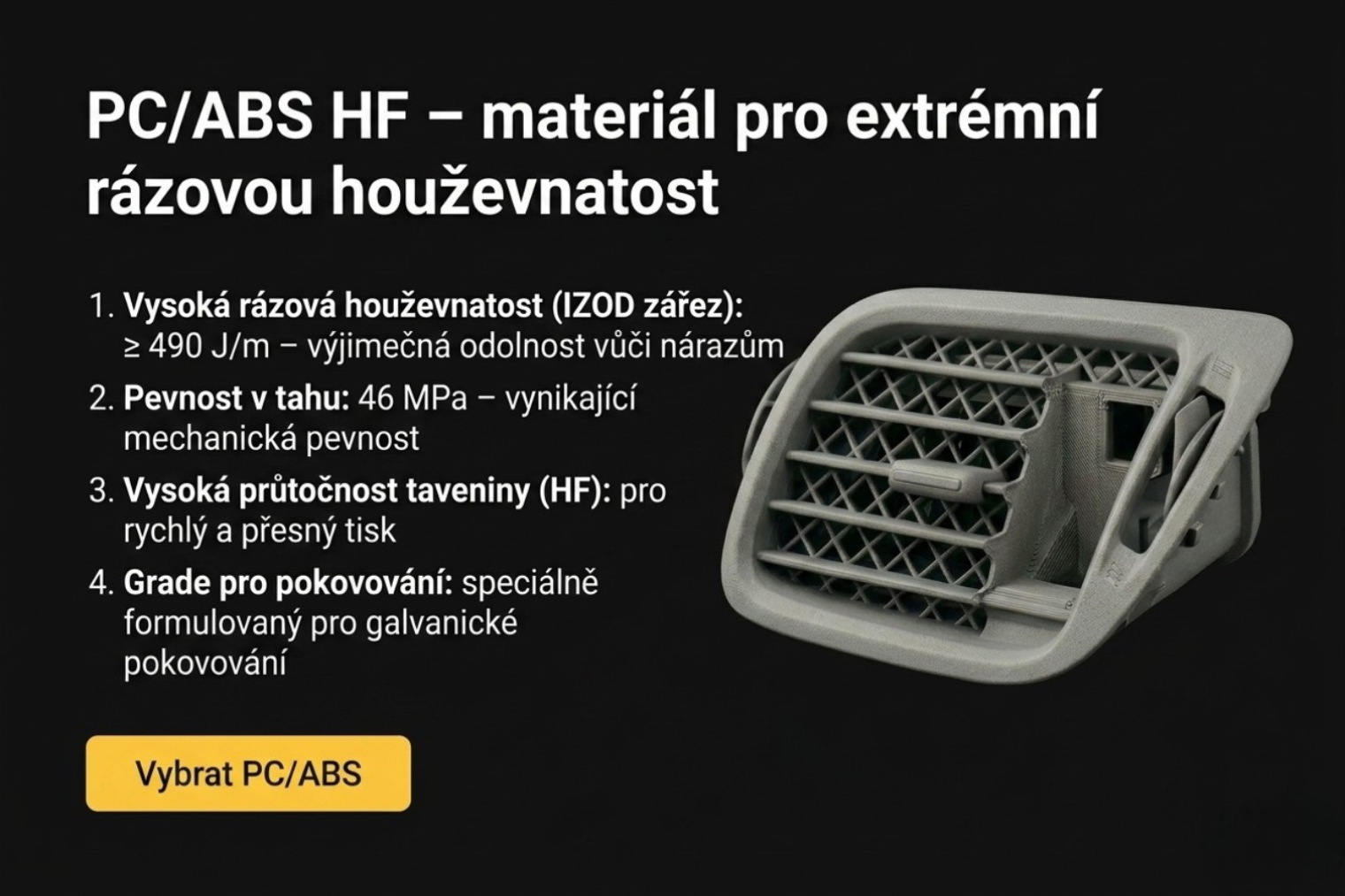 Technické parametry PC/ABS HF filamentu 3D Sphynx s rázovou houževnatostí 490 J/m a ukázka 3D tisku výdechu ventilace.