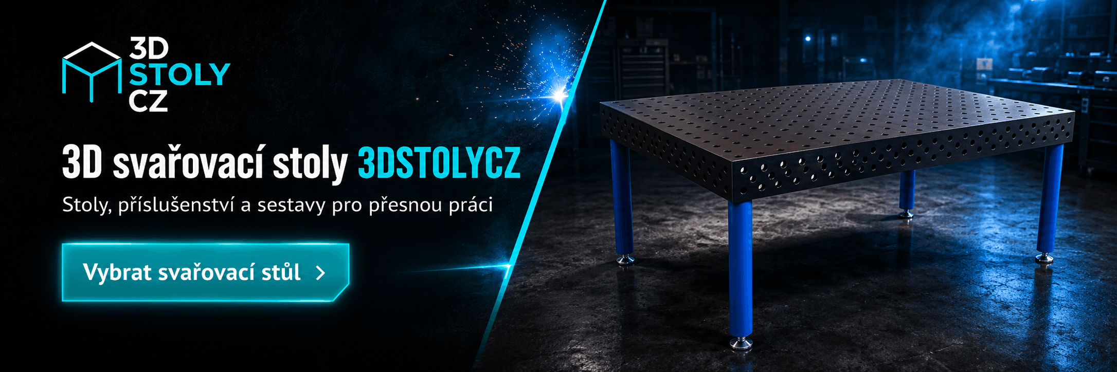 Banner 3D svařovací stoly 3DSTOLYCZ – svařovací stůl s nitridovaným povrchem a výzvou k výběru svařovacího stolu.