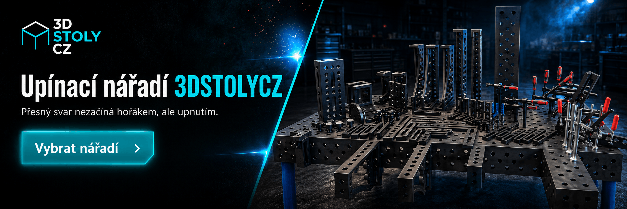Banner upínací nářadí 3DSTOLYCZ – svařovací stůl s upínacím nářadím, svěrkami, dorazy a příslušenstvím pro přesné upnutí.