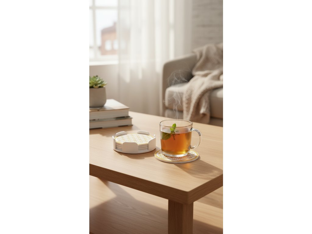 Sada 3D tištěných podtácků Květ života s hrnkem čaje – bílo-zlaté provedení, PETG