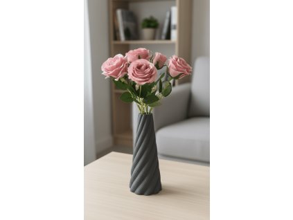 Designová váza WIREA v elegantní antracitové barvě s moderním spirálovým vzorem, zdobená růžovými květy na stole v obývacím pokoji.