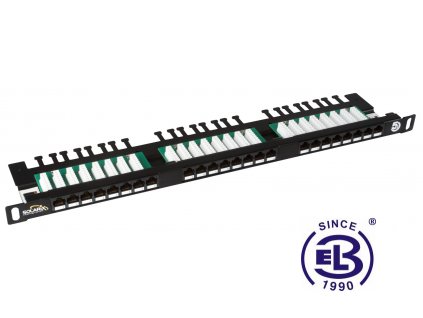 Patch panel Cat 5E UTP 24 x RJ45 s vyvazovací lištou černý 0,5U SOLARIX