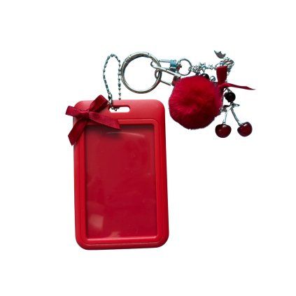 Červerný photocard holder s bambulí