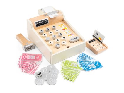 Drevená detská pokladňa s doplnkami