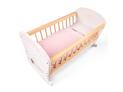 Drevená kolíska pre bábiky s matracom, perinkou a vankúšikom