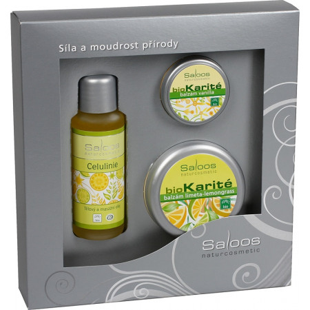 Saloos Citrus Celulinie masážní olej 50 ml + Bio Karité Limeta-lemongrass balzám 50 ml + Bio Karité Vanilla balzám 19 ml dárková sada