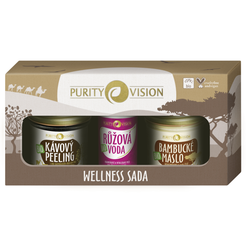 Purity Vision Wellness kávový tělový peeling 110 g + růžová voda s regeneračním účinkem 50 ml + BIO 100% bambucké máslo 120 ml dárková sada