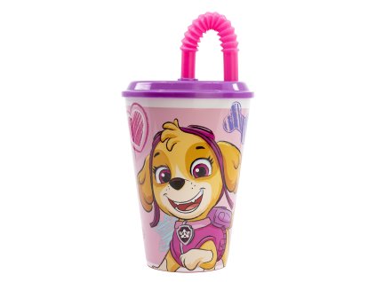 Plastový kelímek s brčkem a víčkem TLAPKOVÁ PATROLA SKYE A EVEREST růžový 430 ml