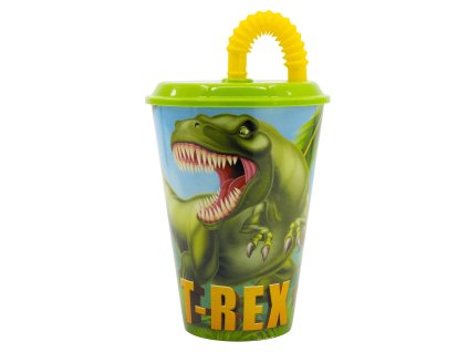 Plastový kelímek s brčkem a víčkem JURSKÝ SVĚT zelený 430 ml