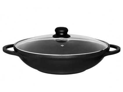 Wok s skleněnou poklicí černý Ø 32 cm, Maku