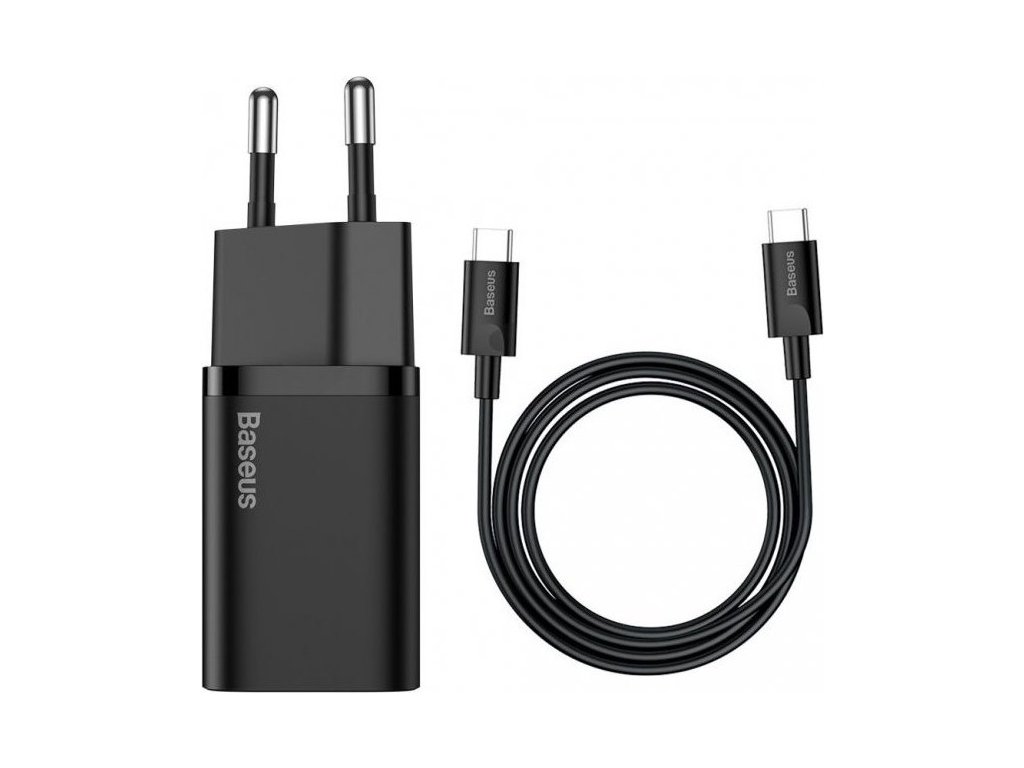Baseus Travel Charger set Super Si 1C QC (With Mini Black Cable Type-C to Type-C 3A 1m) 25W EU Black (TZCCSUP-L01)