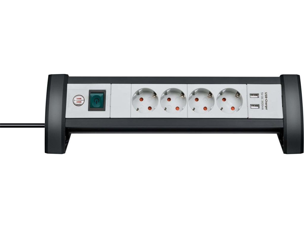 Premium-Office-Line zásuvková lišta 4cestná s vypínačem (zásuvková lišta na stůl s 1,8m kabelem a 2x USB, max. 3100 mA, Made in Germany) TYPE F
