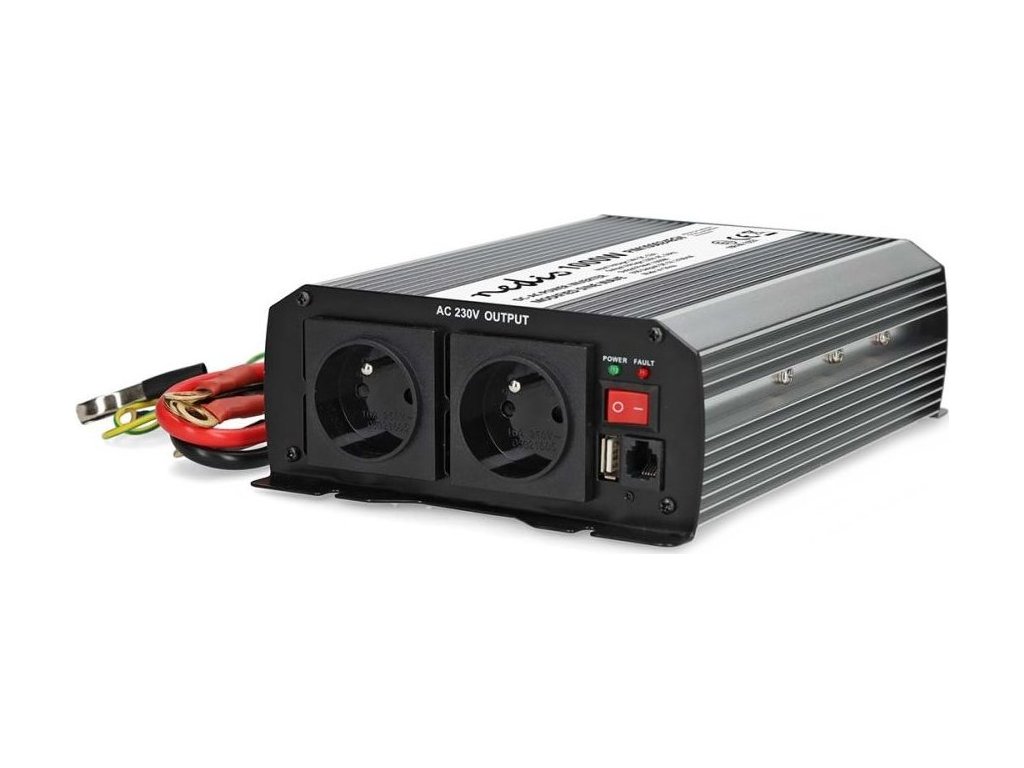 Měnič Modifikovaná sinusoida | Vstupní napětí: 24 V DC | Výstupní napájecí konektor(y): Type E (CEE 7/5) / USB-A | 230 V AC 50 Hz | 1000 W | Špičkový výstupní výkon: 2000 W | Svorkovnice | Stříbrná