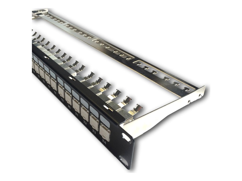 DATACOM Patch panel 19" STP 24 port CAT6A 1U černý, vyvaz.lišta, beznástrojový