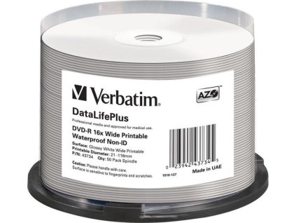 VERBATIM DVD-R 4,7GB/ 16x/ WIDE GLOSSY WATERPROOF/ printable NoID/ 50pack/ spindle