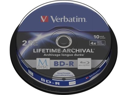 VERBATIM M-DISC BD-R Blu-Ray SL 25GB/ 4x/ Inkjet printable/ 10pack/ spindle