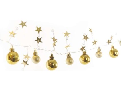 LED vánoční girlanda – zlaté koule s hvězdami, 1,9 m, 2x AA, vnitřní, teplá bílá, časovač