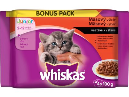 Výprodej Whiskas 100gx 4ks kapsička junior masový výběr ve šťávě cat