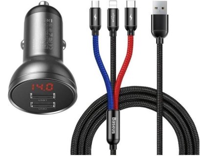 Baseus Car Charger Digital Display 2xUSB with 3-in-1 Cable 1.2m, 24W 4.8A, Black/Gray (TZCCBX-0G)