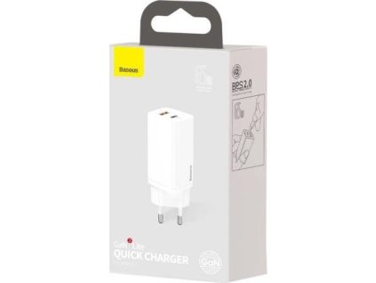 Baseus Travel Charger GaN2 Lite Quick Charger C+U QC 3.0 PD 3.0 65W EU White (CCGAN2L-B02)