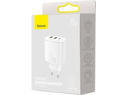 Baseus Travel Charger Compact Quick Charger U+U+C PD3.0, QC 3.0 30W EU White (CCXJ-E02)