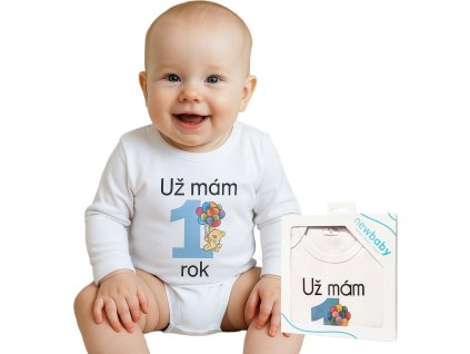 Body s potiskem New Baby Už mám 1 rok modré - dárkové balení 80 (9-12m)