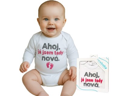 Body s potiskem New Baby Ahoj, já jsem tady nová - dárkové balení 62 (3-6m)