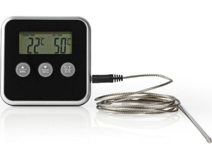 NEDIS teploměr na maso/ časoměřič/ LCD display/ 1x sonda/ 0 - 250 °C/ 1x AAA/LR03/ černo-stříbrný